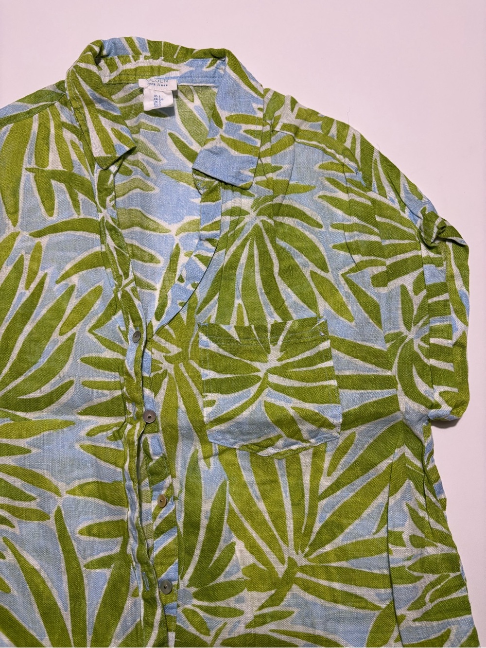 Sigrid Olsen Blue & Green Linen Palm Print Beach Summer Vacation Button Up